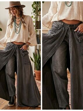 Boho Wide-Leg Washed Black Maxi Jeans